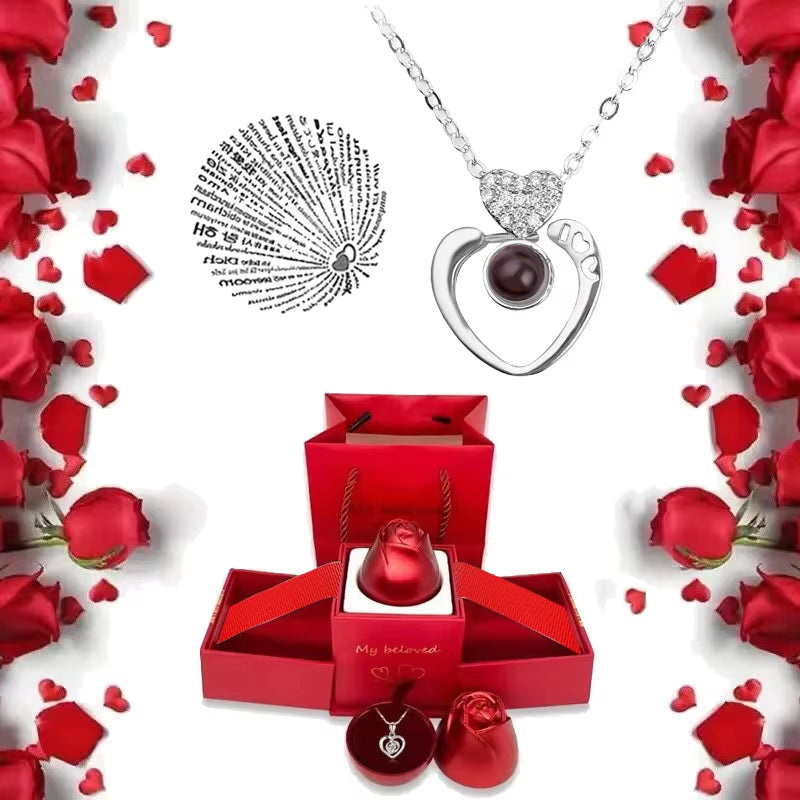 I Love You Necklace with Rose Gifts Box 100 Languages Projection Pendant Jewelry for Girlfriend 2023 New in Romantic Accessories