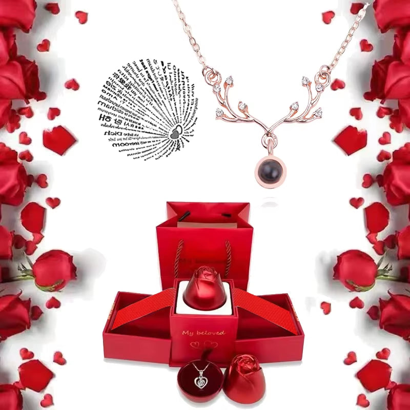 I Love You Necklace with Rose Gifts Box 100 Languages Projection Pendant Jewelry for Girlfriend 2023 New in Romantic Accessories