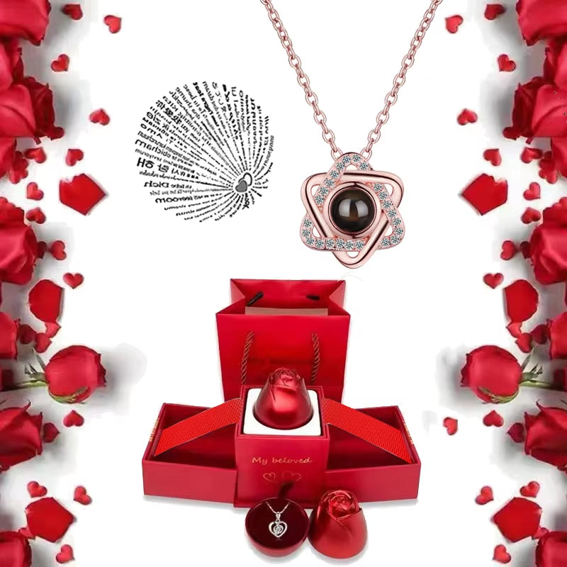 I Love You Necklace with Rose Gifts Box 100 Languages Projection Pendant Jewelry for Girlfriend 2023 New in Romantic Accessories