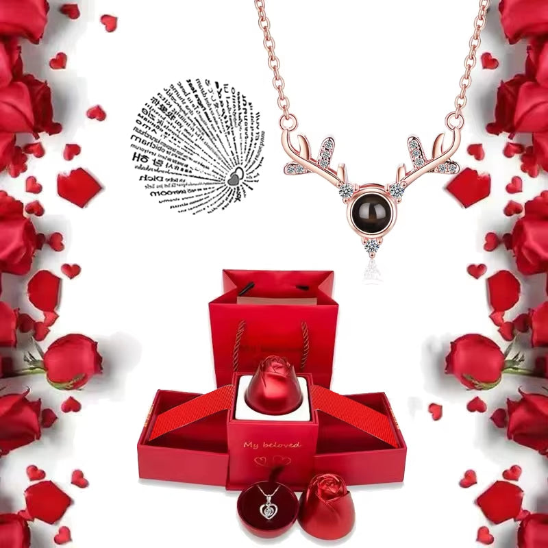 I Love You Necklace with Rose Gifts Box 100 Languages Projection Pendant Jewelry for Girlfriend 2023 New in Romantic Accessories