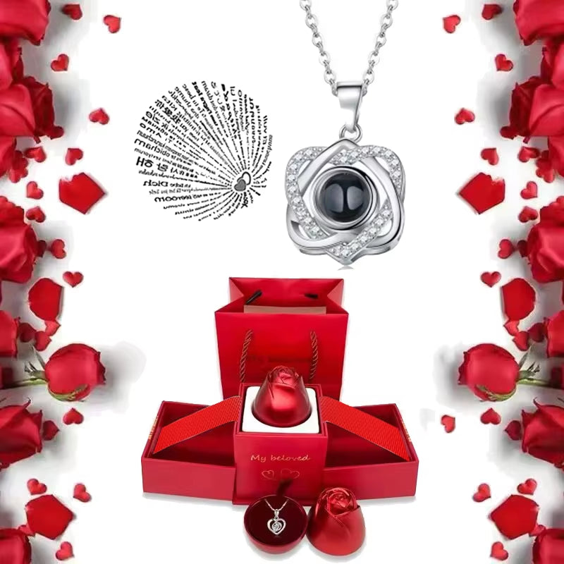 I Love You Necklace with Rose Gifts Box 100 Languages Projection Pendant Jewelry for Girlfriend 2023 New in Romantic Accessories