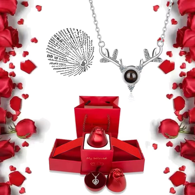 I Love You Necklace with Rose Gifts Box 100 Languages Projection Pendant Jewelry for Girlfriend 2023 New in Romantic Accessories