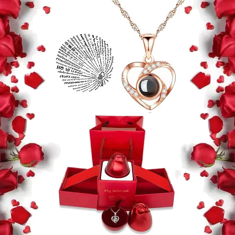 I Love You Necklace with Rose Gifts Box 100 Languages Projection Pendant Jewelry for Girlfriend 2023 New in Romantic Accessories