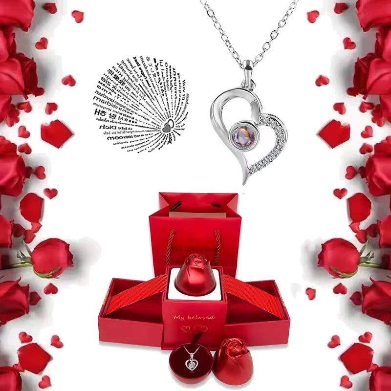 I Love You Necklace with Rose Gifts Box 100 Languages Projection Pendant Jewelry for Girlfriend 2023 New in Romantic Accessories